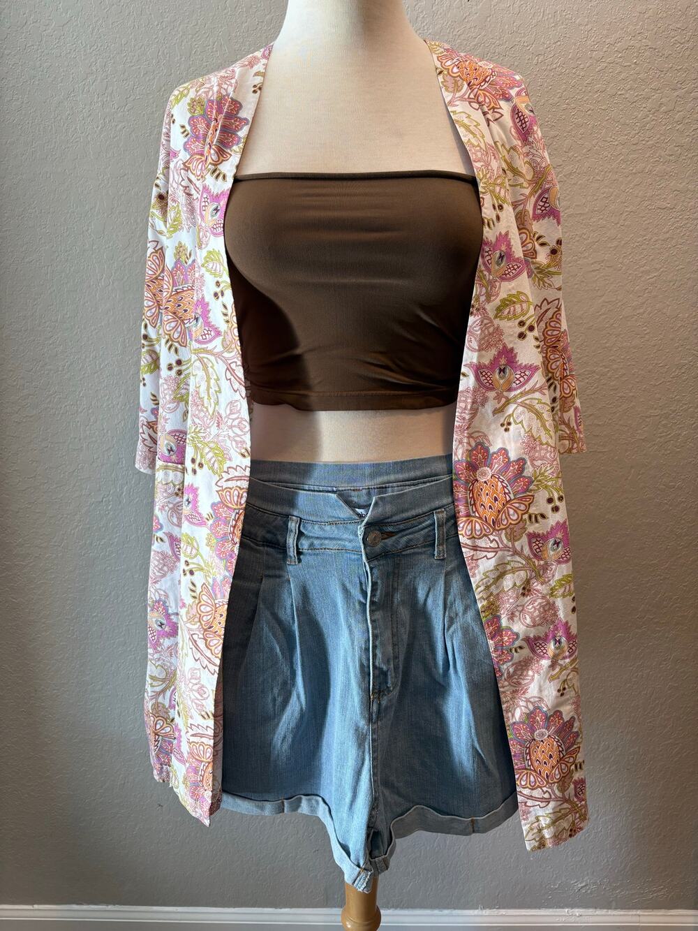 JASAMBAC Light Wash Denim Shorts High-Waisted Pleated Stretchy Lt Blue Sz 2XL